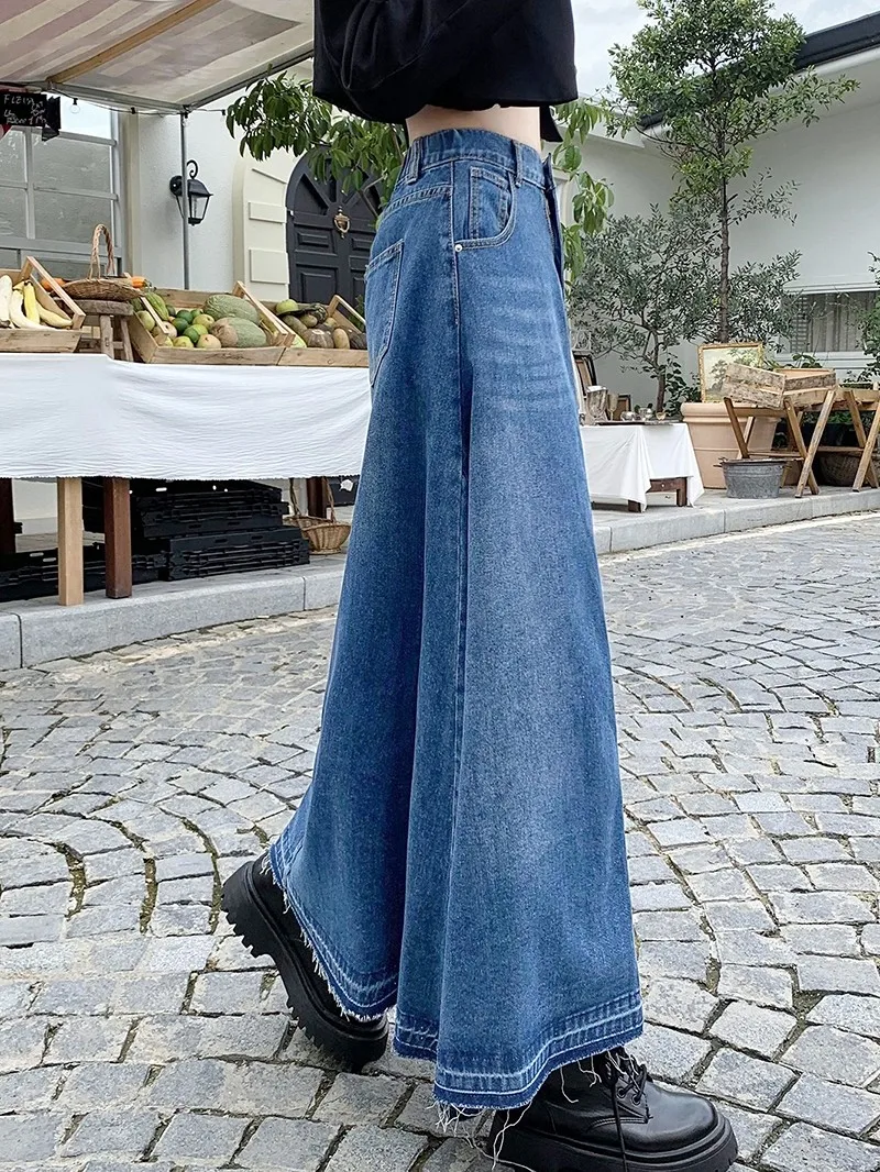 ZHISILAO New A-line Long Denim Skirt Women Vintage Casual Elastic Waist Jeans Skirt Summe 2023 Streetwear