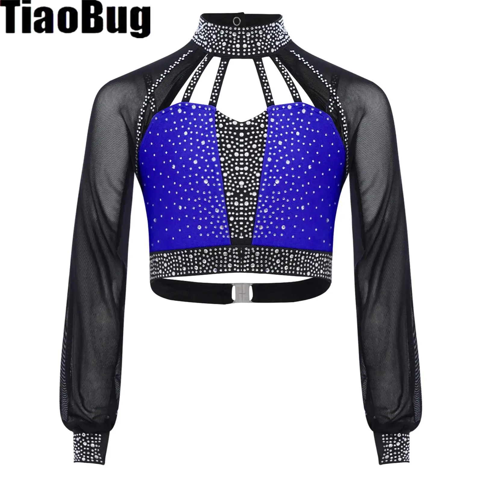 

Girls Rhinestones Dance Crop Top Mock Neck Long Sleeves Sheer Mesh Cutout Back Shirt Top Latin Jazz Dance Figure Skating Costume