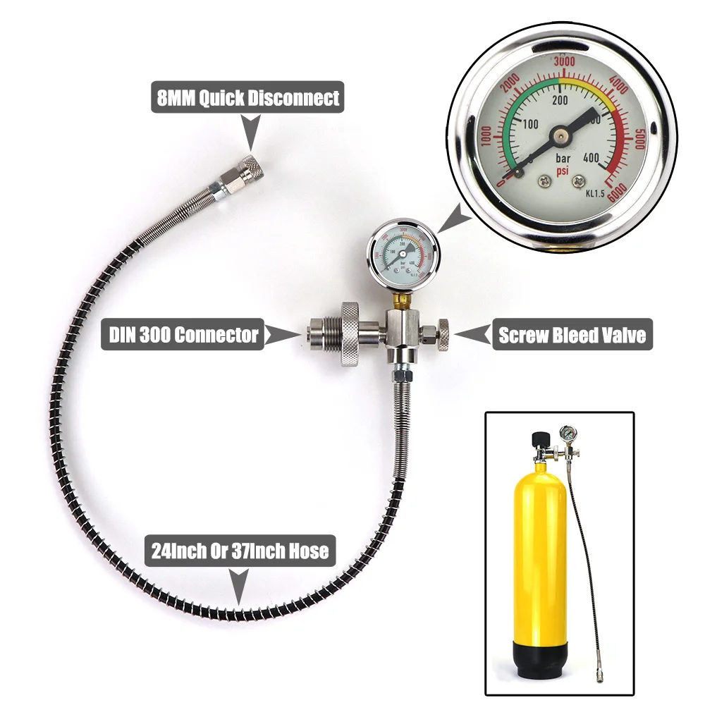 Diving  Fill Station DIN300 Charging Adapter Big Bottle To Small Bottle 5/8BSP Connector With Hose and Gauge Rated 300Bar