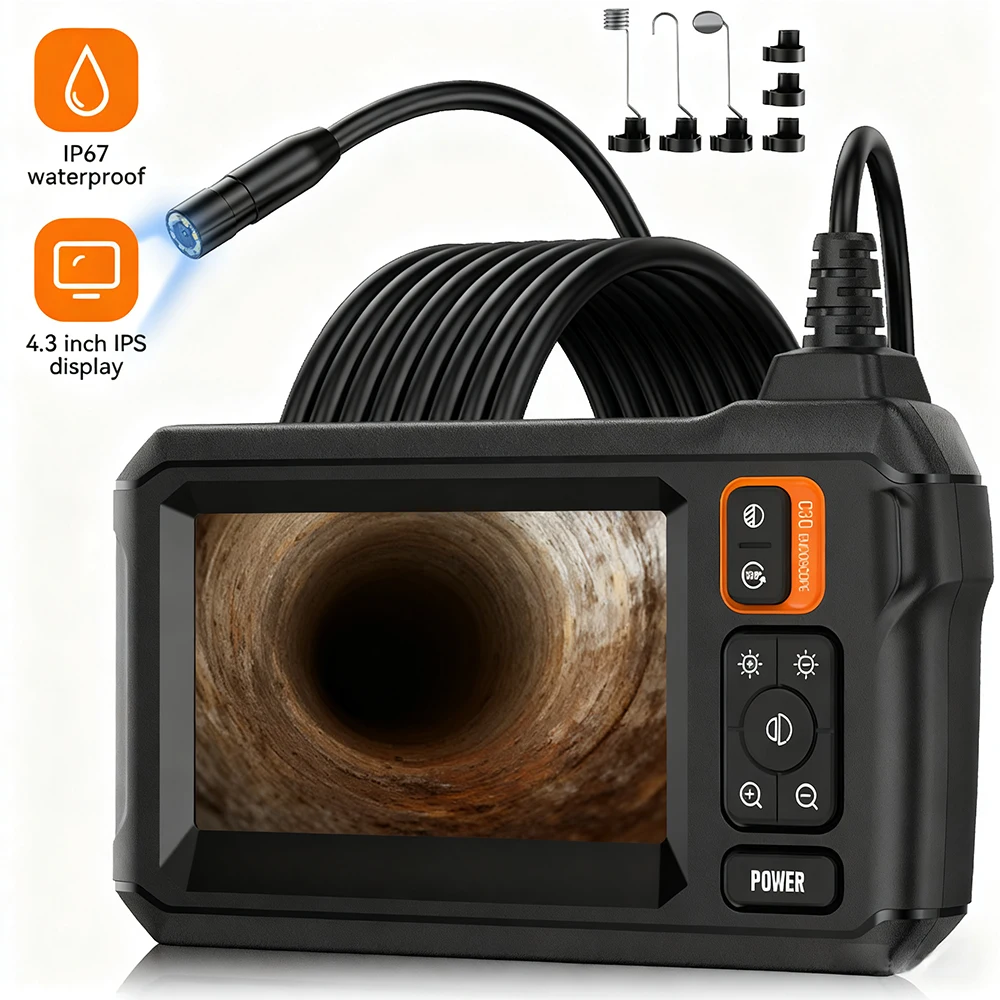 Telecamera per endoscopio industriale Schermo IPS da 4,3 pollici Telecamera per periscopio con obiettivo doppio e singolo 8mm HD1080P IP67 Impermeabile per strumenti fognari