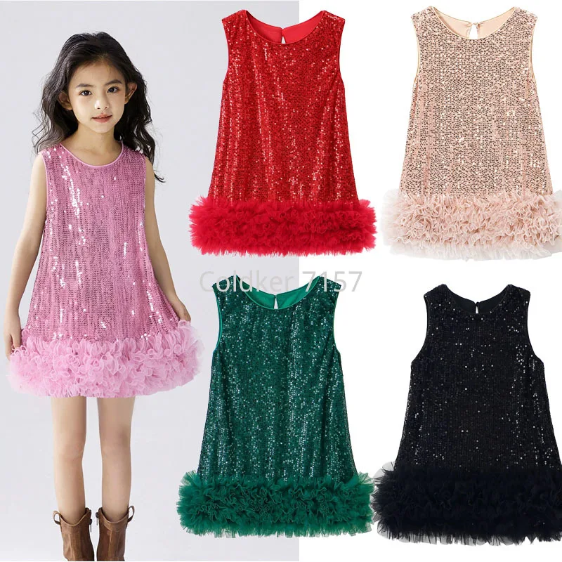 Vestido de Princesa para Meninas, Elegante, Saia Tutu, Vestido de Tule com Lantejoulas, Sem Mangas, Vestido Sólido para Festa de Aniversário para Cria