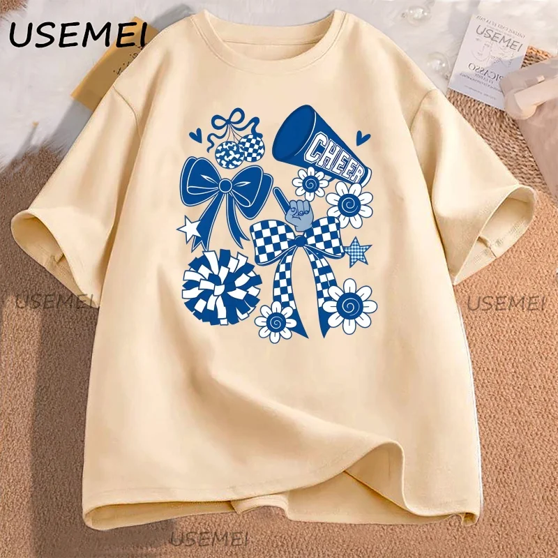 

Preppy Cheerleader Coquette T-shirt Bleu Cheer Mom T Shirt Cheer Season Cute Bow Graphic T Shirts Crew Neck Casual Top Clothes