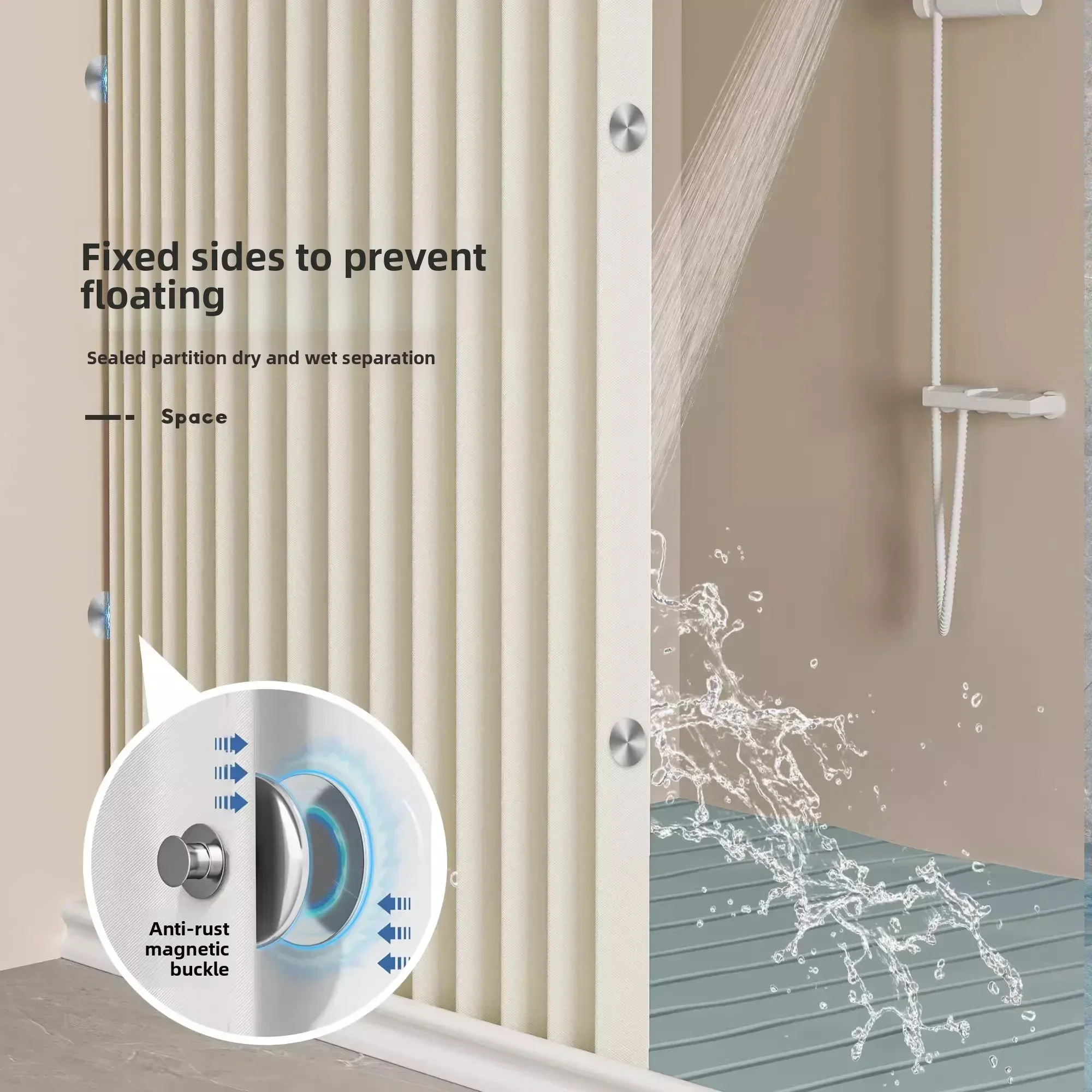 Non perforated shower curtain, dry wet separation partition set for household bathroom, waterproof cloth