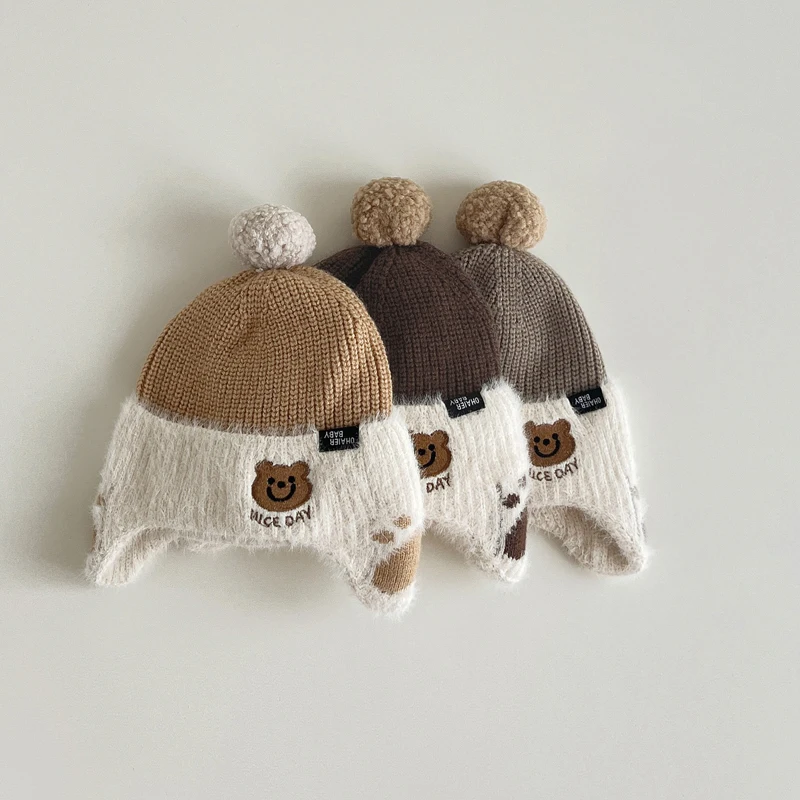 

Winter Baby Ear Protection Hats Thicken Soft Warm Kids Boys Girls Knitted Caps Lovely Bear Pattern Children Hat