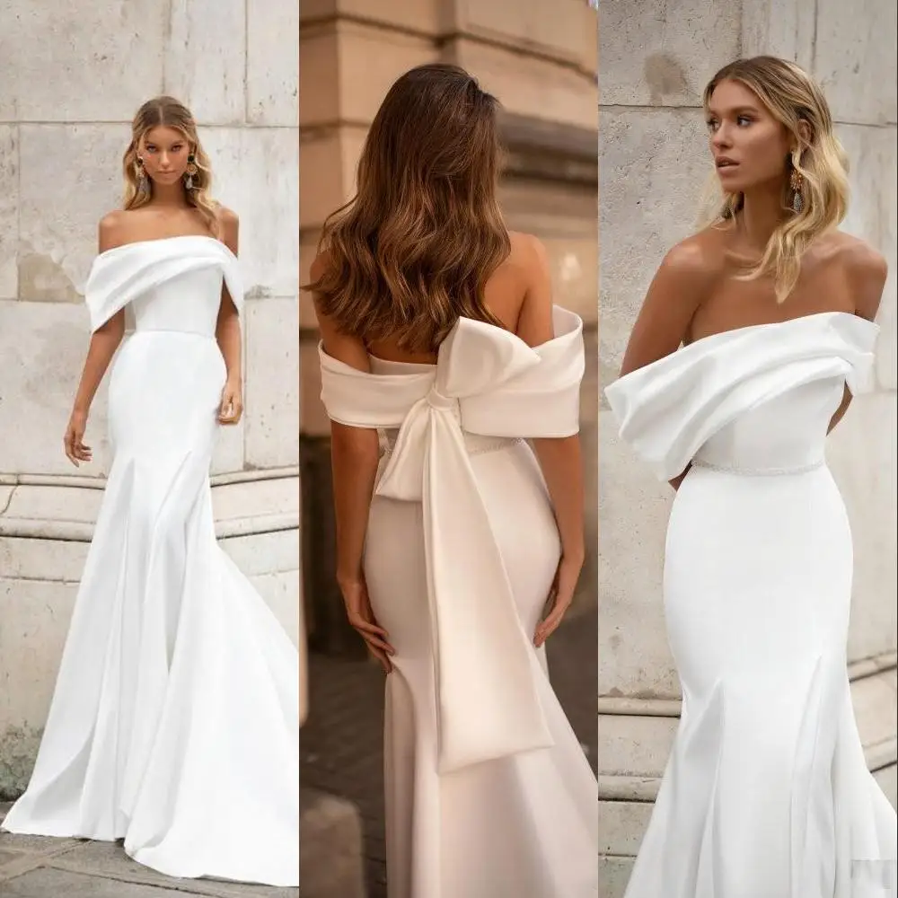 

Simple Satin Wedding Trailing Dresses Cold Shoulder Backless Satin Bridal Mermaid Trailing Dresses for Bridesmaid