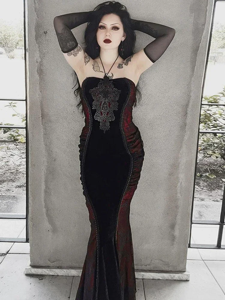 AltGoth Halloween Gothic Midi Dress Women Vintage Dark Elegant Fairycore Grunge Emobroidery Patchwork Halter Sleeveless Dresses