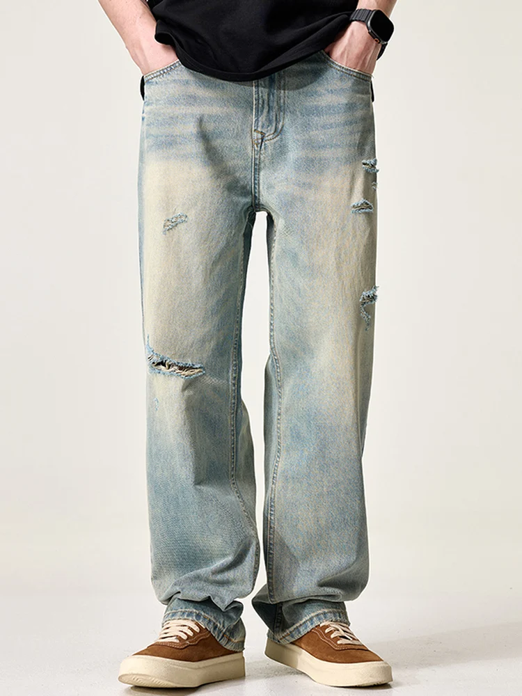 

Bla Armada Casual Loose Straight Leg Jeans American High Street Sle Wear Tear Cotton Youth Leisure Pants