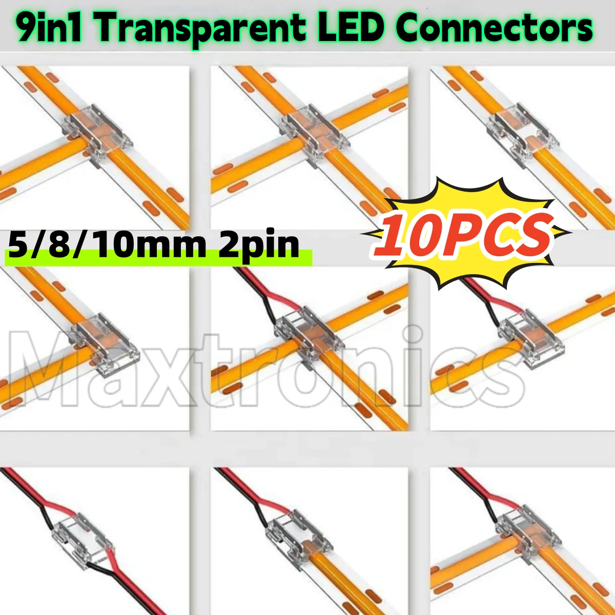 

9in1 Transparent LED Connectors 5/8/10mm 2pin COB LED Strip Connector Tape Lights L T X Shape DIY SMD COB 5050 2835 Strip Light