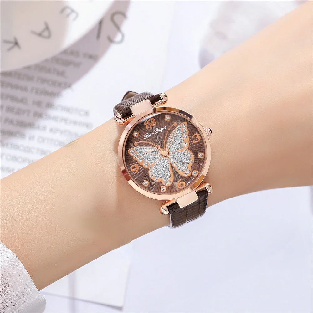 Women\'s Fashion White Butterfly Diamond Set Design Watches Brand Ladies Quartz Wristwatch Simple Femme Leather Band Clock