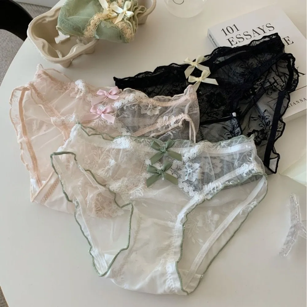 

Comfortable Low Waist Lace Panties Transparent Cotton Crotch Underwear for Women Bow Lingerie Lace Thin Underwear Girl