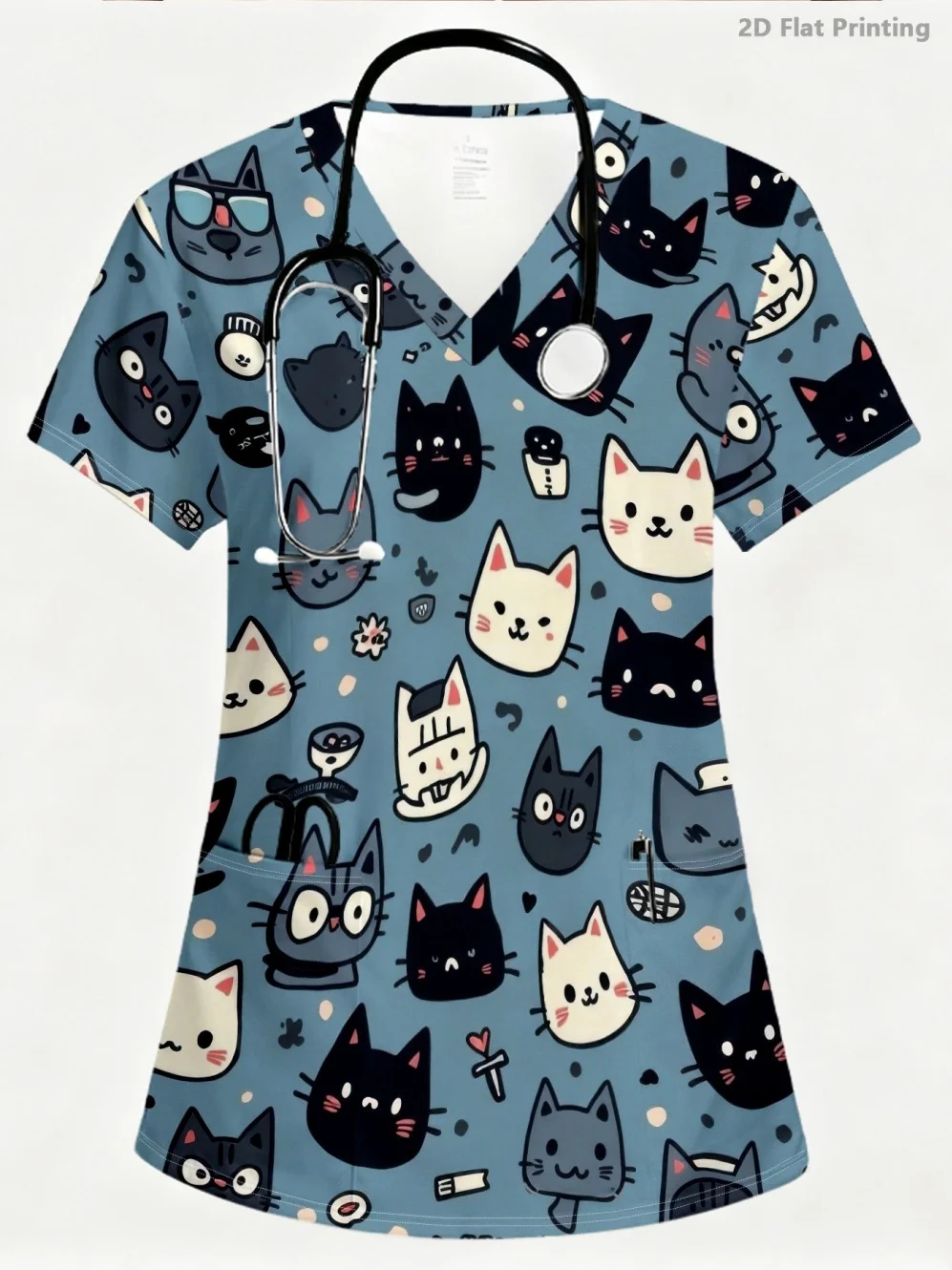 uniformes-cirurgicos-femininos-camiseta-de-manga-curta-com-estampa-de-gato-design-com-decote-em-v-confortavel-uniformes-de-veterinaria-uniformes-femininos