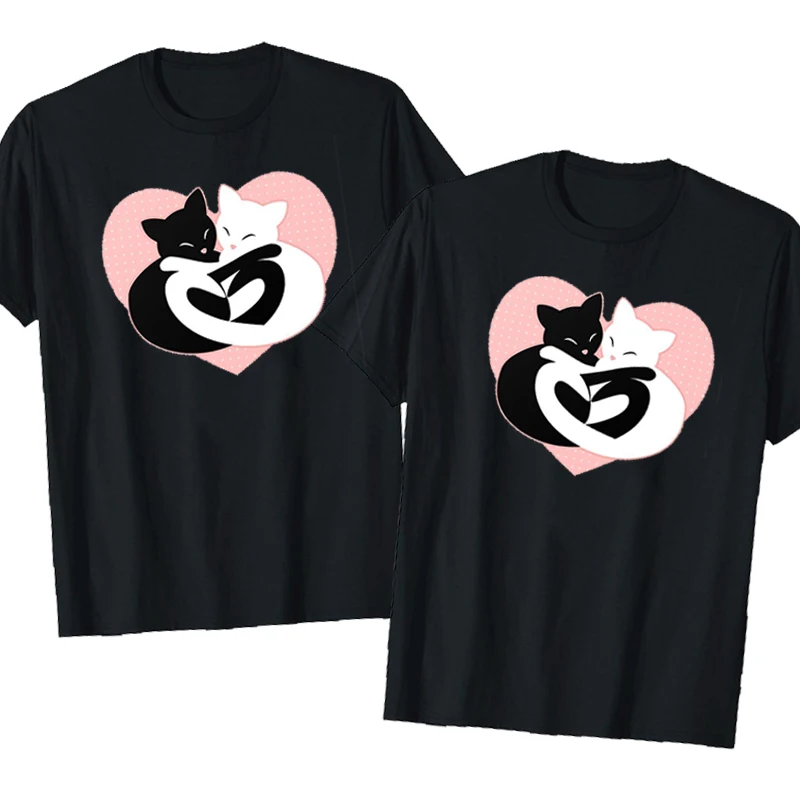 

Черный кот, белый кот, забавные наряды для пар, футболка для пар, одежда для него и старшего дня, одинаковые наряды в форме сердца с узором в форме сердца