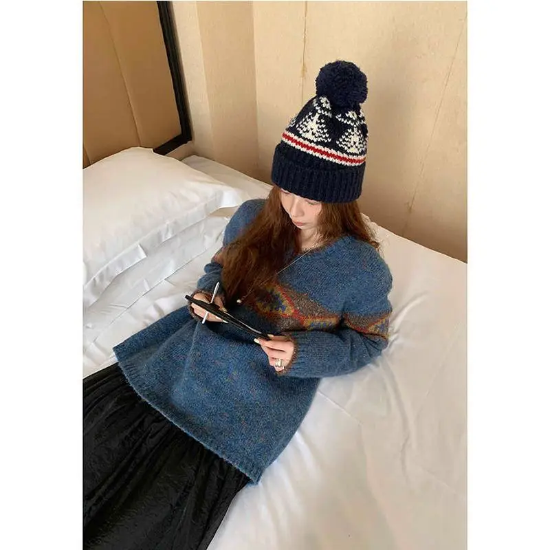 

Женский жаккардовый пуловер с v-образным вырезом в стиле ретро, вязаный свитер, осеннее винтажное уличное пальто Y2k, женский вязаный свитер с длинными рукавами