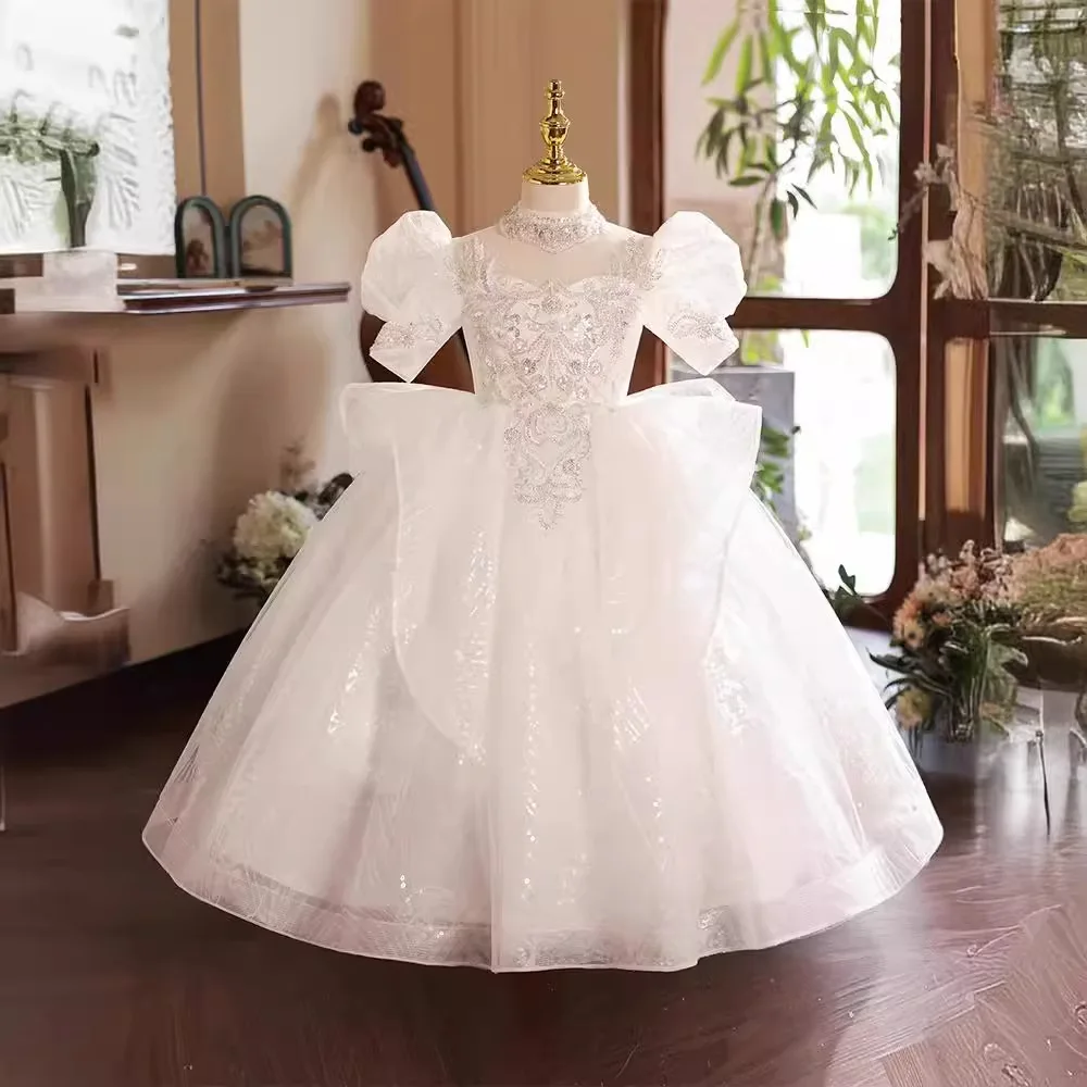 GUXQD White Ball Gown Baby Flower Girl Dresses Sequins Beads Princess Prom Birthday Party Gowns Formal