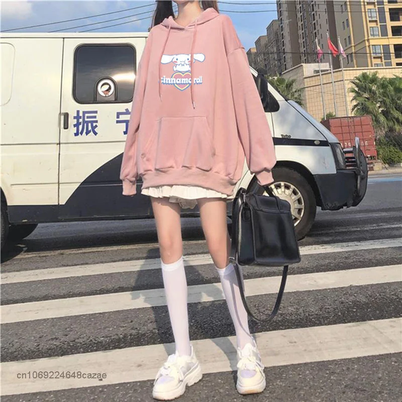 Sanrio-suéter con capucha con estampado de dibujos animados para mujer, Sudadera con capucha Kawaii, Top holgado de manga larga para estudiante