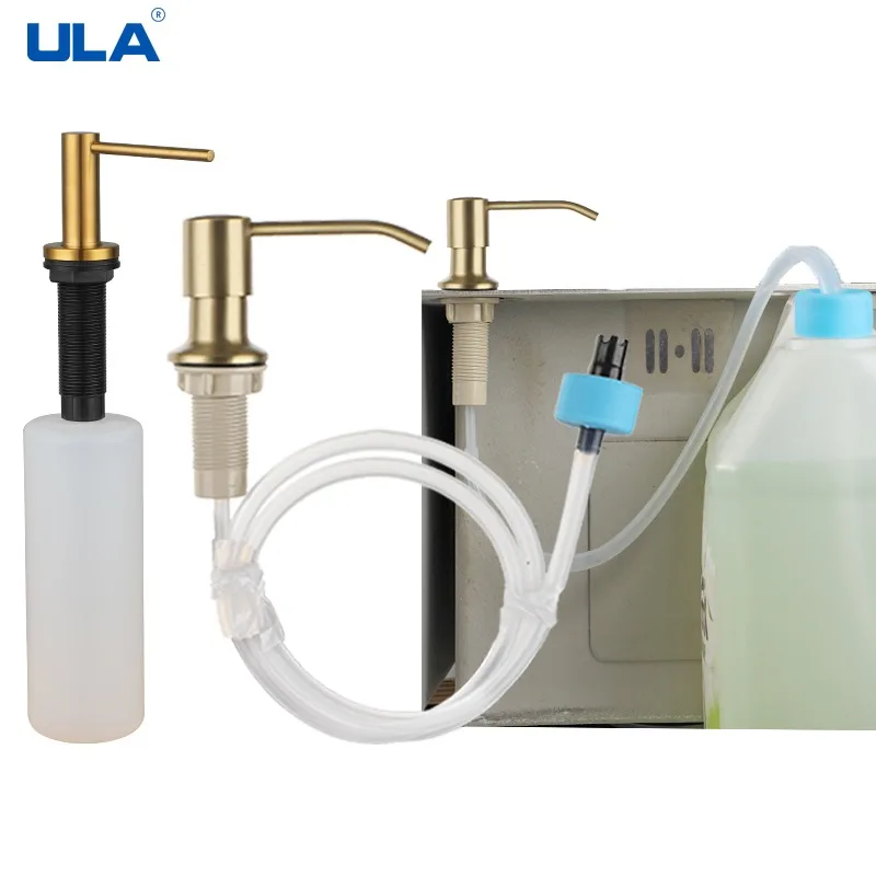 ULA Gold Kitchen Sink Liquid Soap Dispenser Liquid Soap Bottle Sink Mount Stainless Steel Head Hand Press Dispenser Bottle