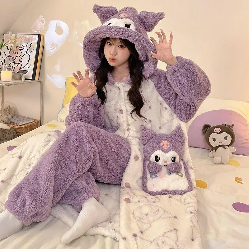 

Sanrio Kuromi Pajama Set Plush Women's Home Loungewear Winter New Style Hooded Fleece Lined Thickened Loose Fit Thermal Comfort