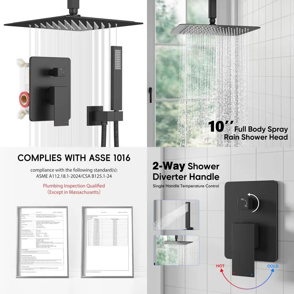 

All-Metal Ceiling Shower System with Pressure-Balanced Valve, 10 Rain Heads and Handheld Spray, Black Finish