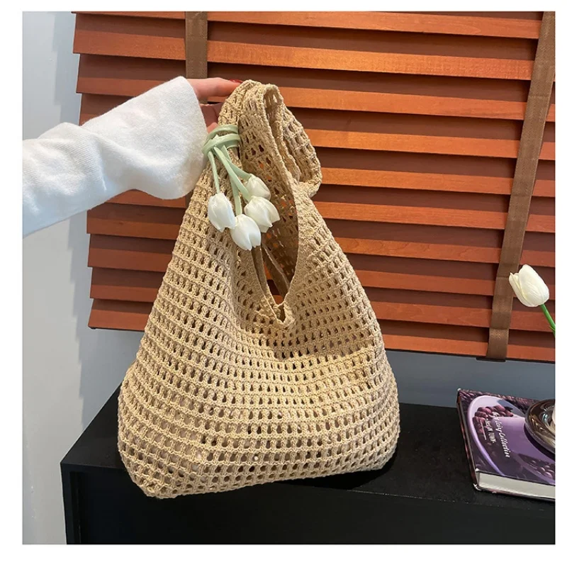 

Модная милая вязаная крючком сумка на плечо с подвеской в виде тюльпана, пляжная полая сумка для отдыха, женские повседневные тканые сумки для отдыха