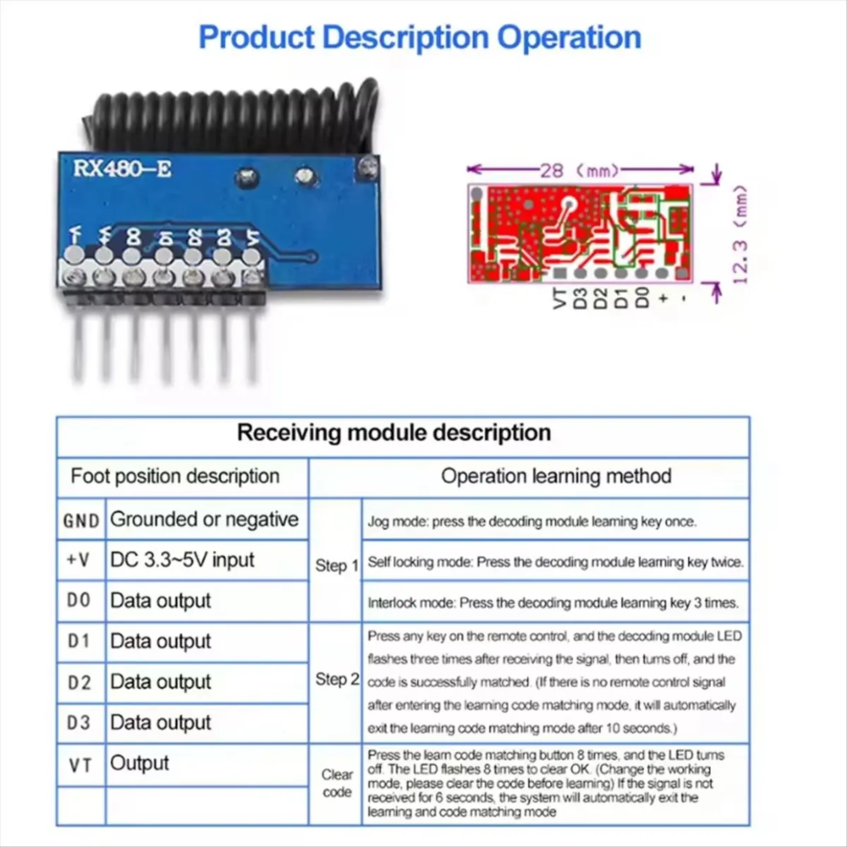 B21B 433mhz RF Receiver Learning Code Decoder Module 433Mhz Wireless 4 CH Output for Remote Controls 1527 2262 Encoding 1pcs