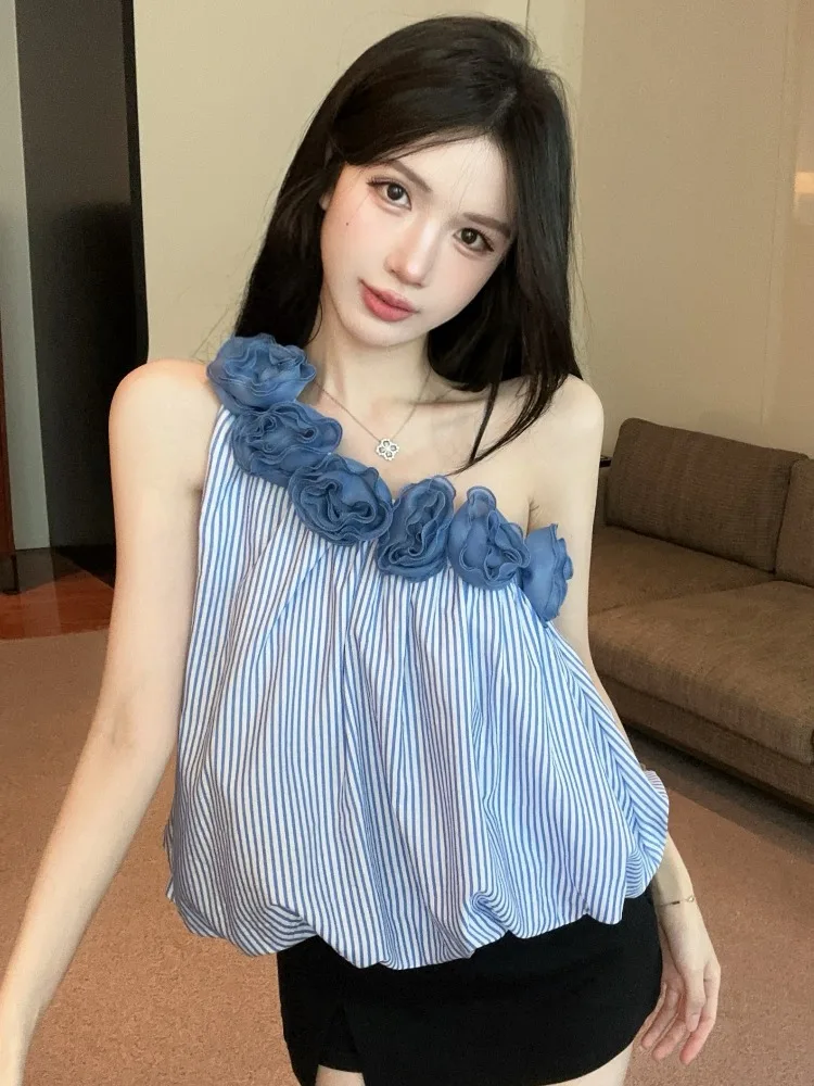 

Summer New Style Women's Sleeveless Vest Floral Print Halter Neck French Style Slim Fit Citywalk Polyester Fiber Short Length