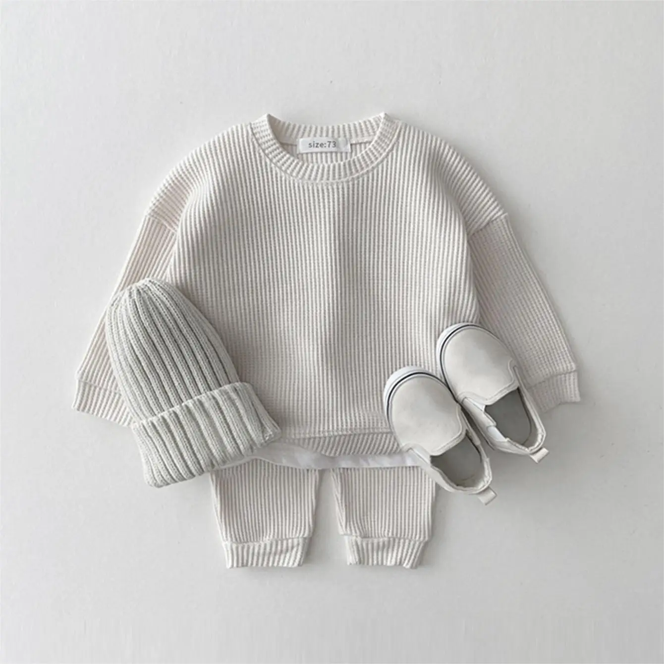 2023 Korean Baby Cotton Kintting Clothing Sets Mock Two-piece Waffle Cotton Kids Boys Girls Clothes Sets Tracksuit Tops+Pants