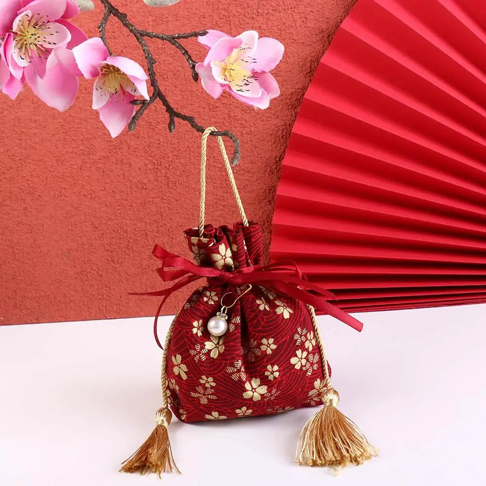 Sakura Canvas Flower Drawstring Bag Stripe Pearl Pendant Wedding Candy Bag Coin Purse Wallet Storage Bag Ribbon Bow Wrist Bag