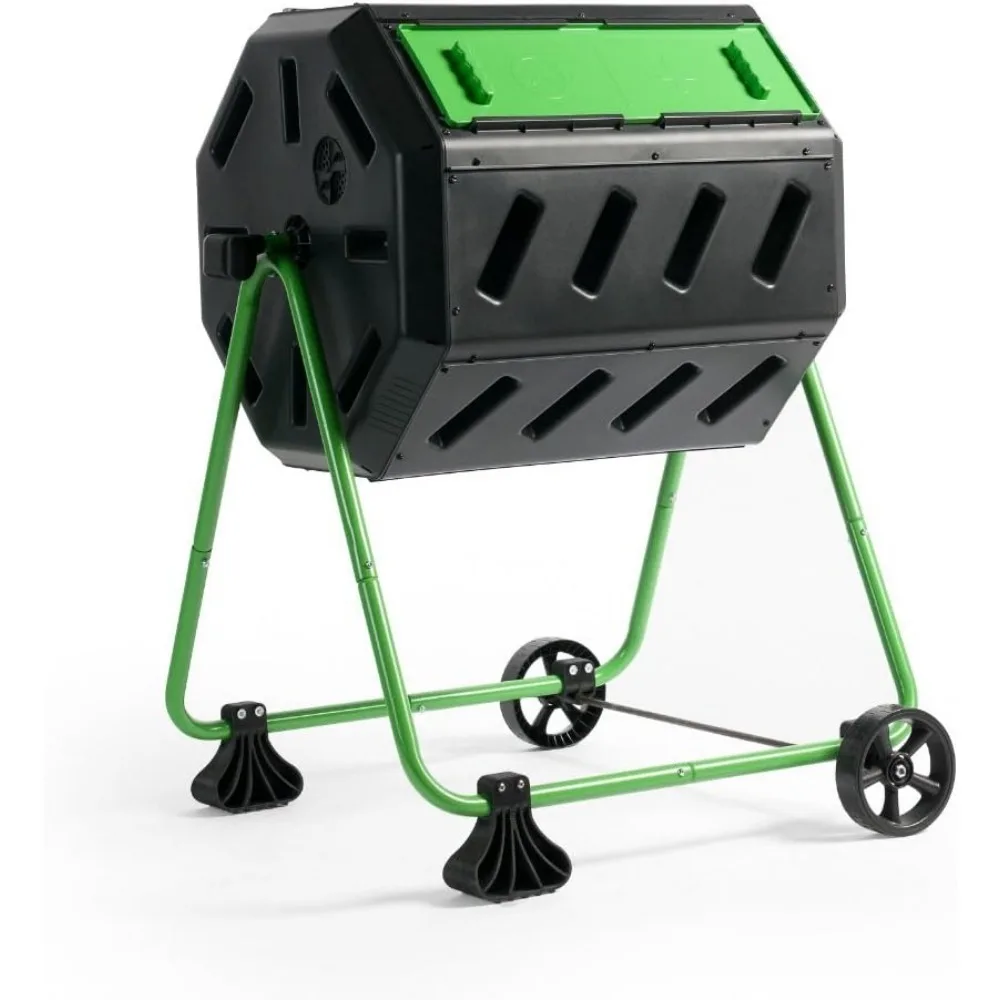 HOTFROG Mobile Dual Chamber Tumbling Composter with Wheels - Outdoor Rotating Garden Compost Bin (HF-IM4000-WK) Black