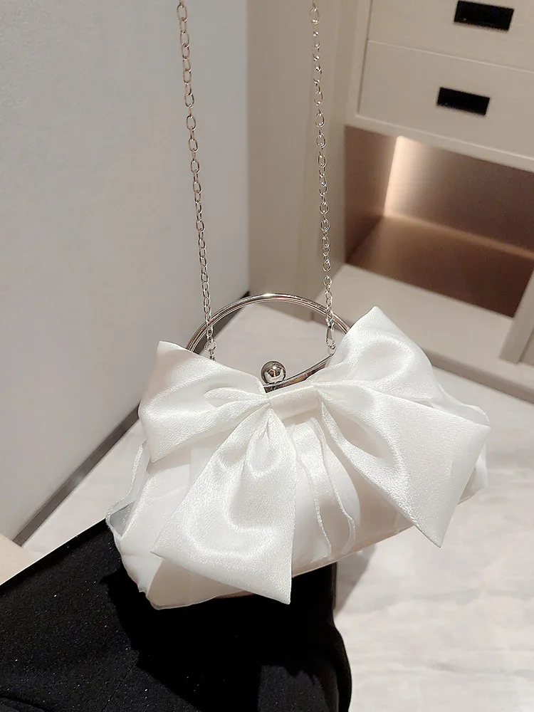 White Satin Bow Fairy Evening Bags Clutch Metal Handle Handbags For Women Wedding Party Bridal Clutches Purse Chain Shoulder Bag