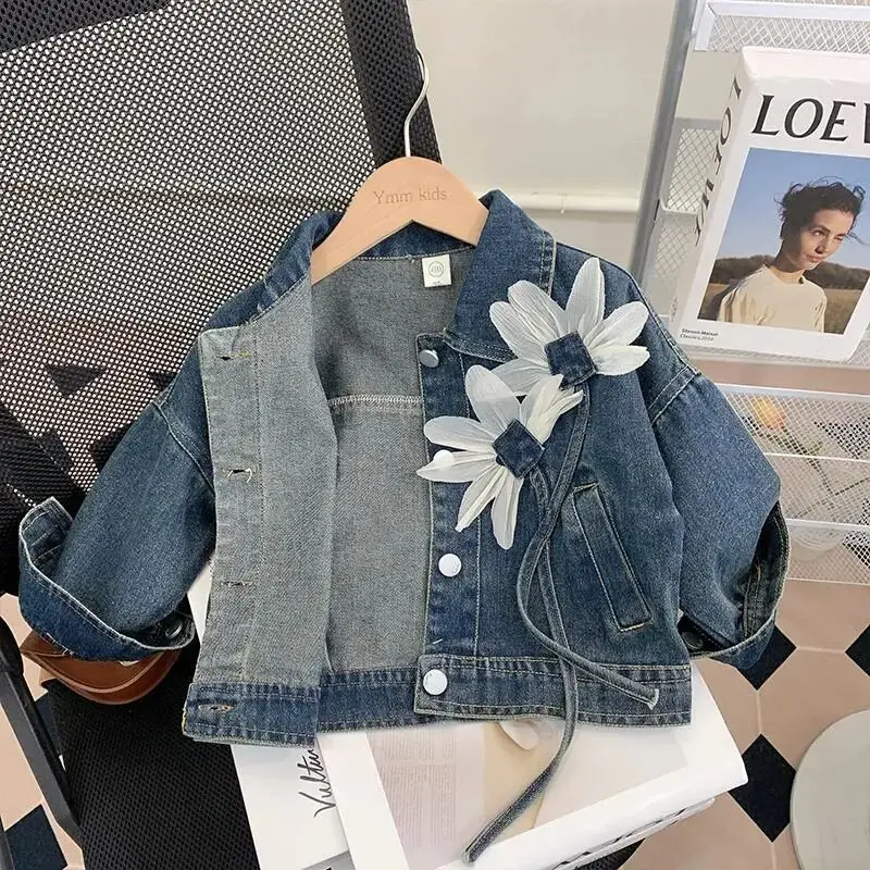 Jaquetas jeans rasgadas para meninas, casacos bordados com flores, roupas infantis, jeans infantis, moda, primavera, outono, novo