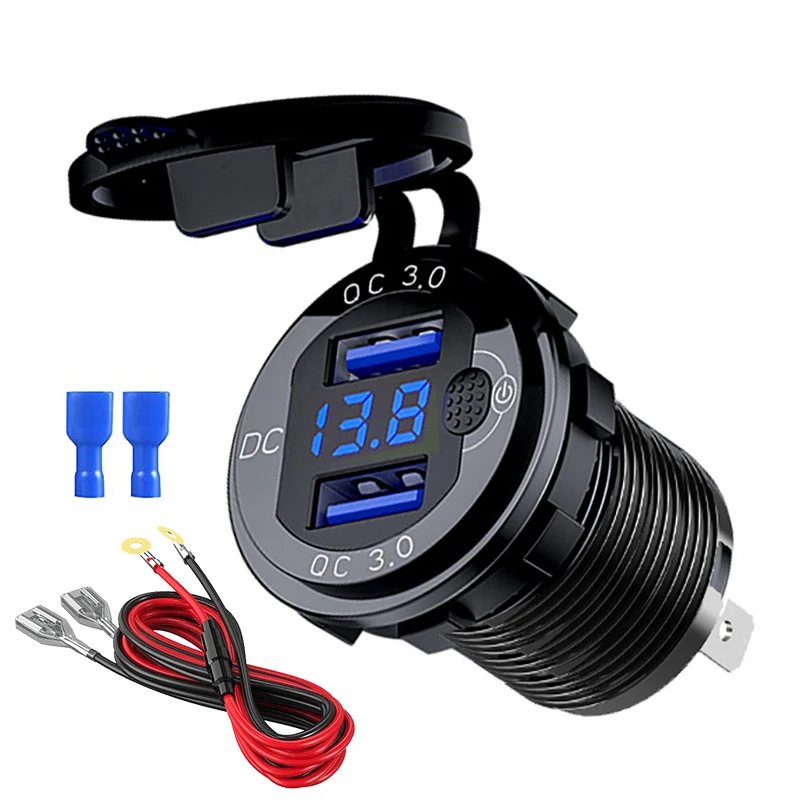 Snellader Aluminium QC3.0 Dual USB-autolader met schakelaarknop LED-spanningsweergave voor 12V / 24V auto's boten motorfiets