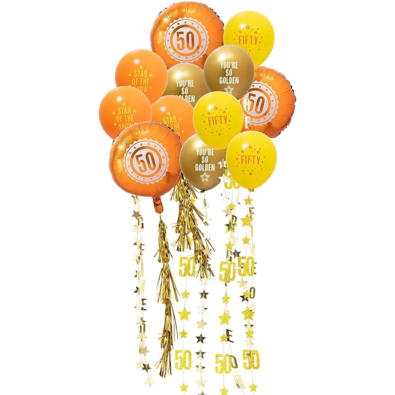 Gold Orange 50th Balloons Garlands for Birthday Party Candy Bar Decor Tassel Banner 50 Year Old Birthday Anniversary Party Decor