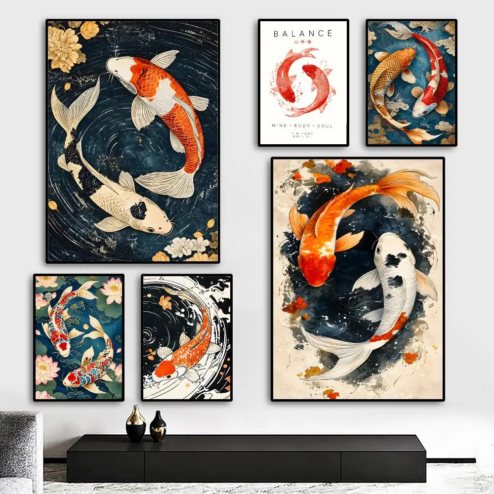 Ukiyo Koi Lotus Harmony Painting Calligraphy HD Canvas Poster Living Room Bedroom Bar Aesthetic Decoration