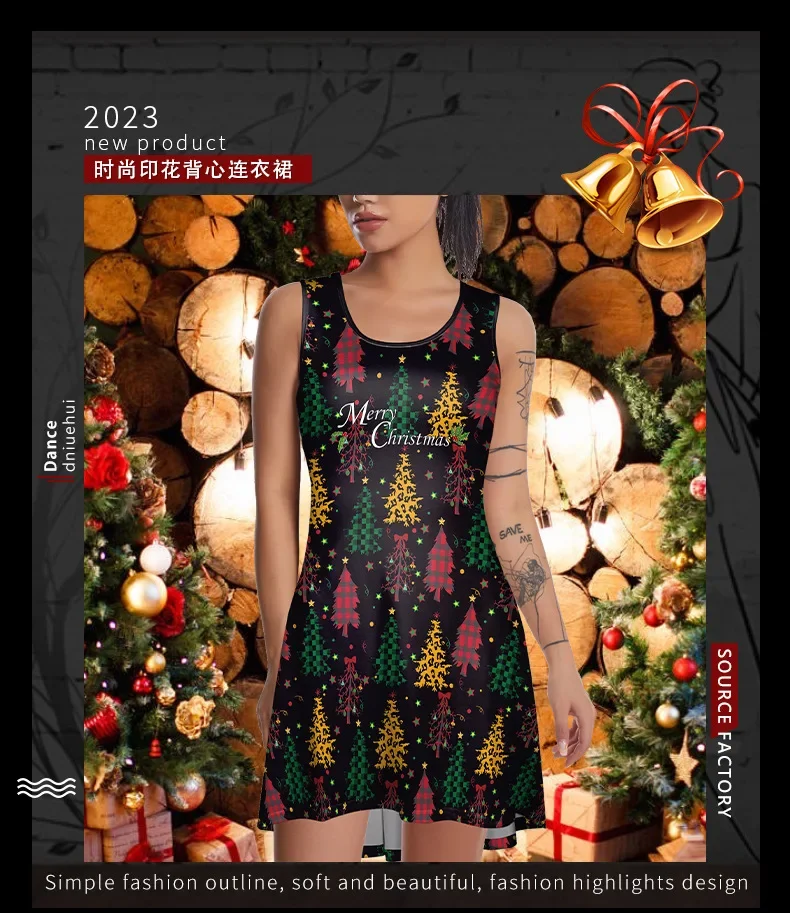 Colete feminino estampado digital, vestido estilo casual, presente de árvore de Natal, nova moda, 2023