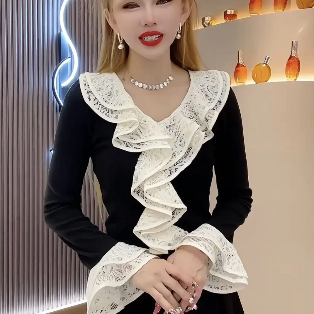 

Осень-зима, новый стиль, маленькая базовая рубашка с ароматом, женская рубашка в стиле вестерн с v-образным вырезом и рюшами по краям, контрастный топ с длинными рукавамиZT118