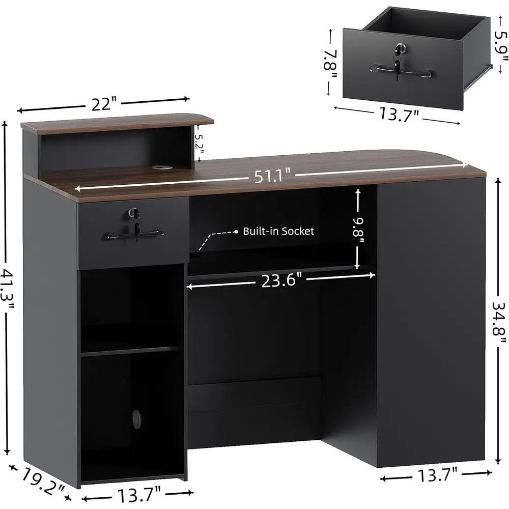51 LED Lighted Front Desk with 2-Tier Storage, Lockable Drawer & Hidden Outlet, Suitable for Office or Spa (Black)