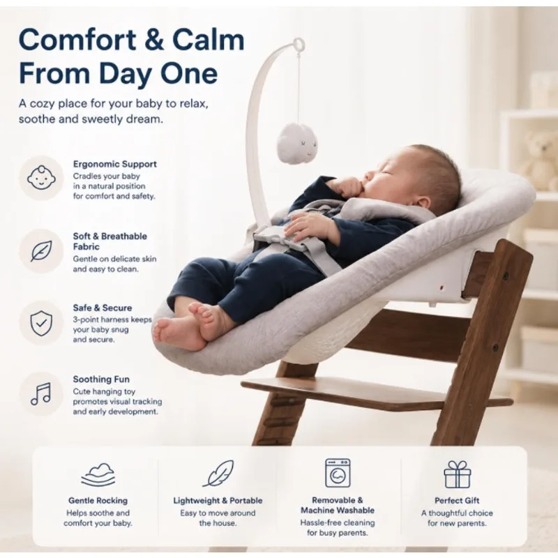 Newborn dining chair, sleeping pad, newborn dining chair, sleeping basket set, solid wood dining chair with pulley