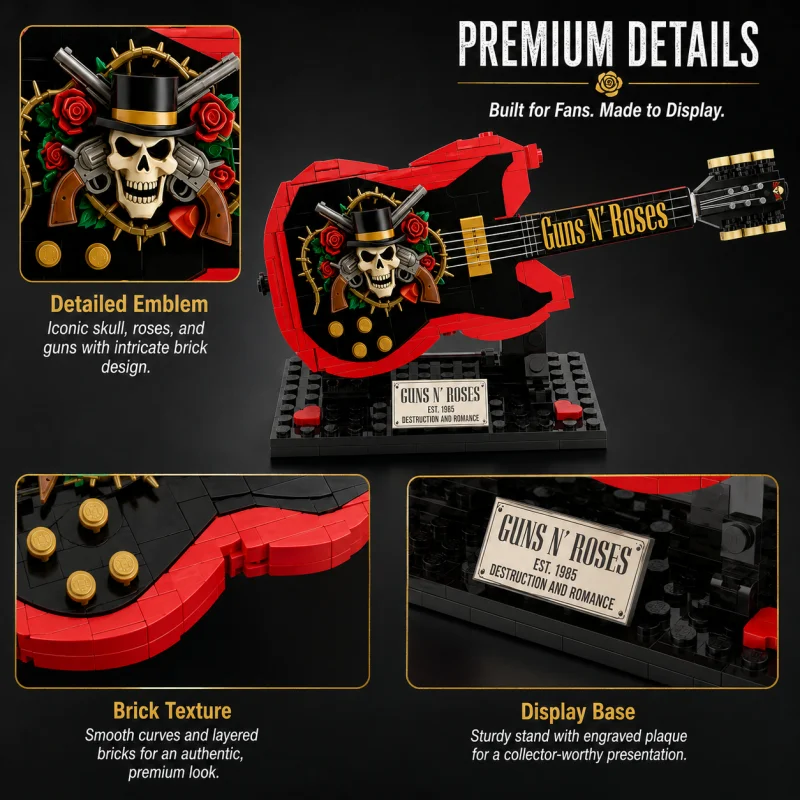 Rock Band Guns N Roses Guitar Building Blocks Model Skull Rose Electric Guitar Bricks Collectible Display Ornament Gift