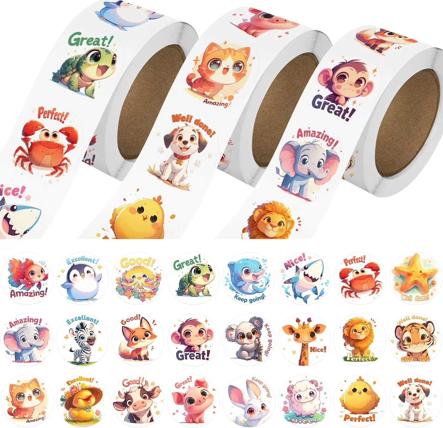 

3 Rolls Animal Stickers for Kids, 1500 PCS Bulk with Farm/Ocean/Wild Designs and Motivational Words, School Supplies (1.0 Inch)
