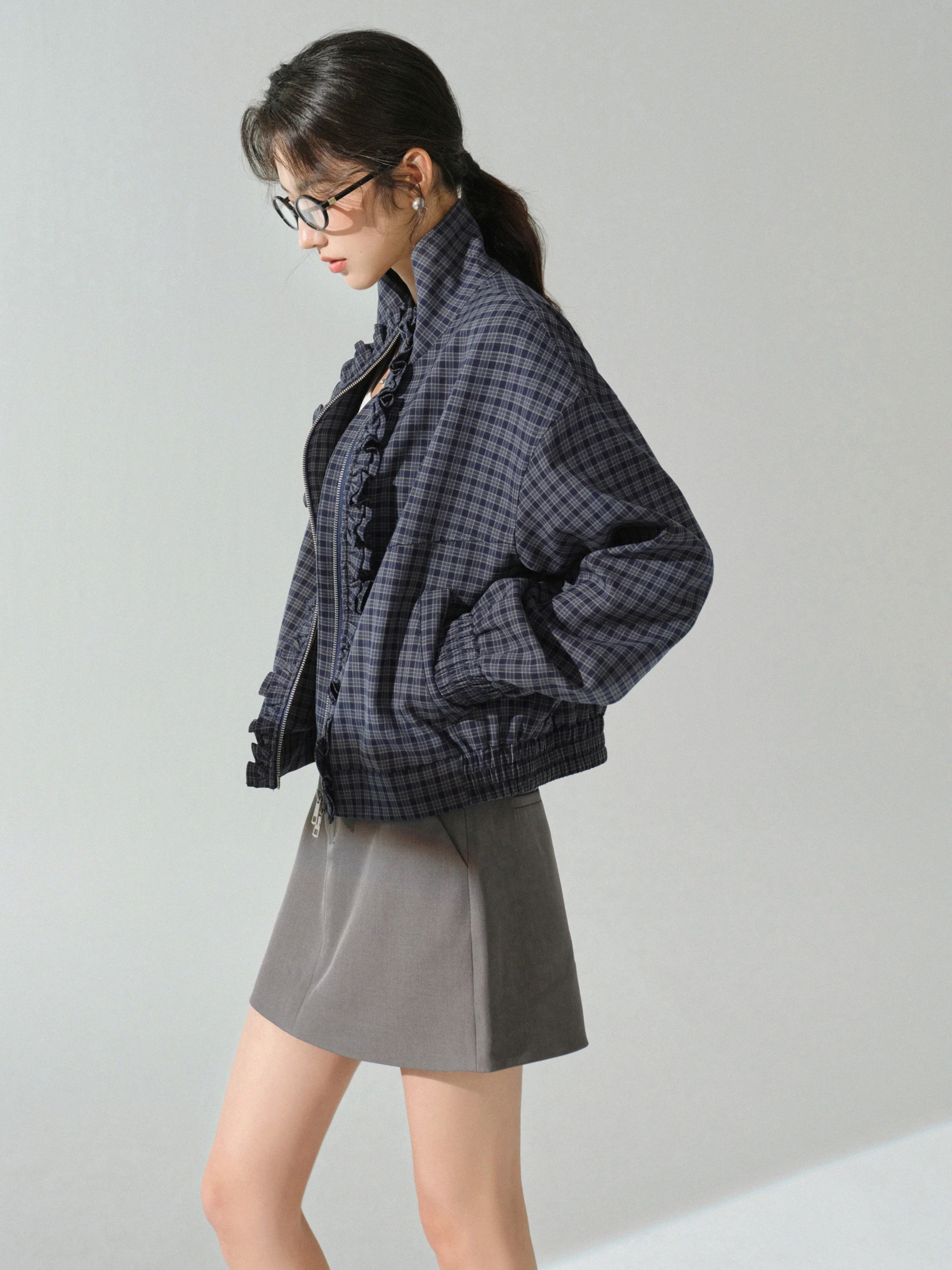 Retro Plaid Jacket Women Stand Collar Zip Up Coat Casual Loose Fit Outerwear Autumn Retro Top for Daily Layering Street Fashion