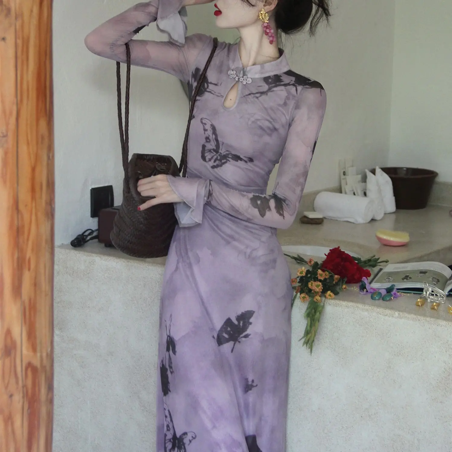 

2024 Purple New Chinese Style Traditional Cheongsam Long Sleeve Vintage Dress Butterfly Floral Sexy Party Costumes Elegant Qipao