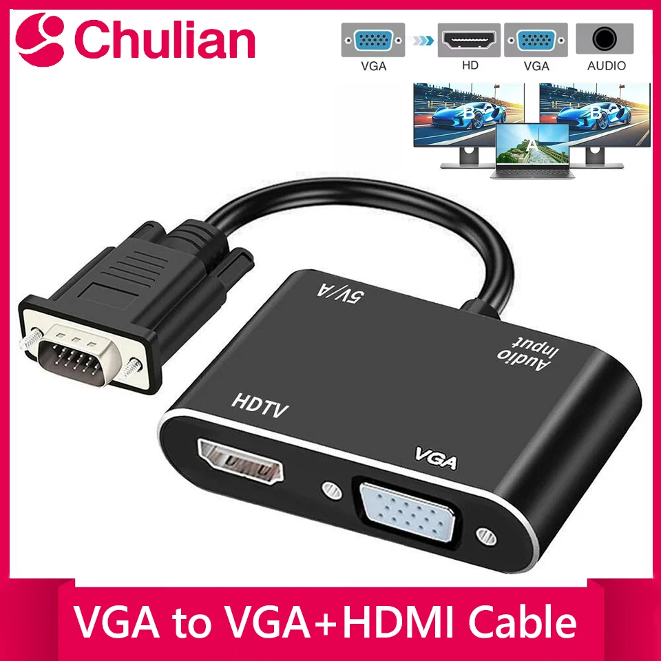 Adaptador Divisor VGA a HDMI con Convertidor de Audio de 3.5mm, Compatible con Pantalla Dual para Proyector, Adaptador de Video para Computadora Compatible con HDMI