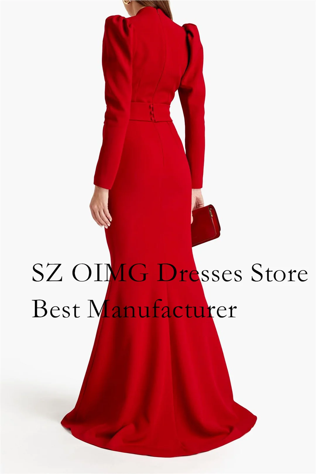 OIMG Elegant Red Prom Dresses Long Sleeves V-Neck Floor Length Crepe Satin Ruched Mermaid Evening Gowns Formal Party Dress