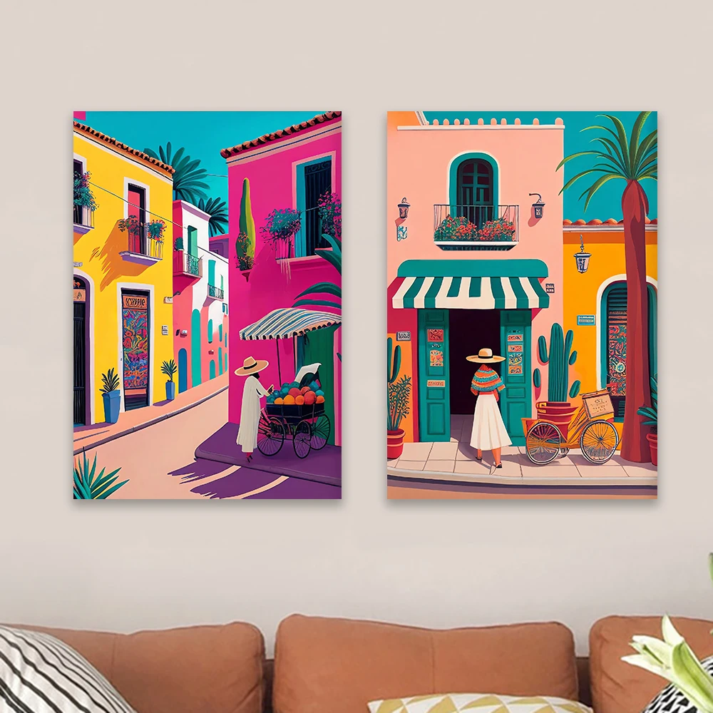 

Mexico Travel Illustration Print Poster Mexico Art Print Cartoon Colorful Landscape Mexican Art Travel Print Canvas Painting Art