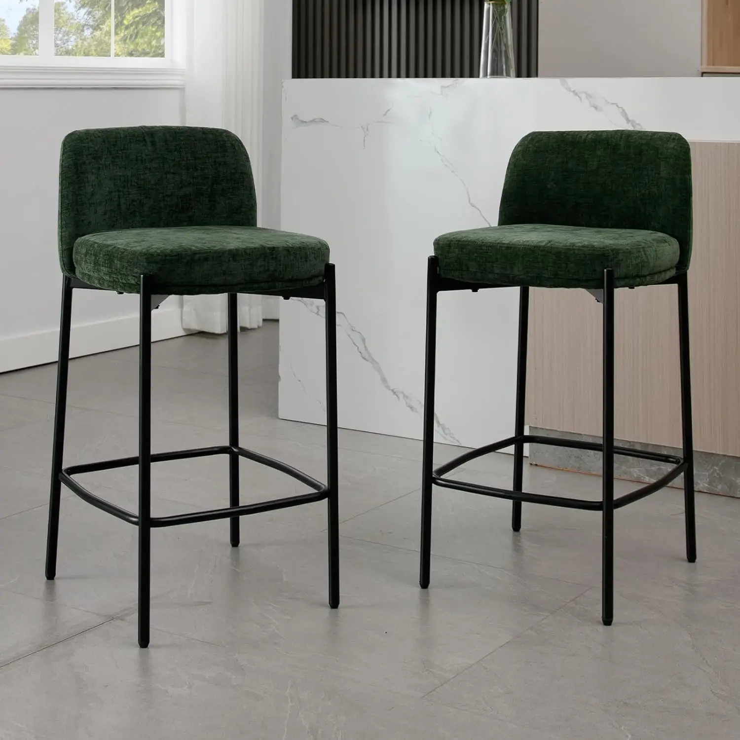 

Guyou Modern 26" Counter Height Bar Stools Set of 2, Green Chenille Counter Stools with Curved Back, Upholstered Armless。