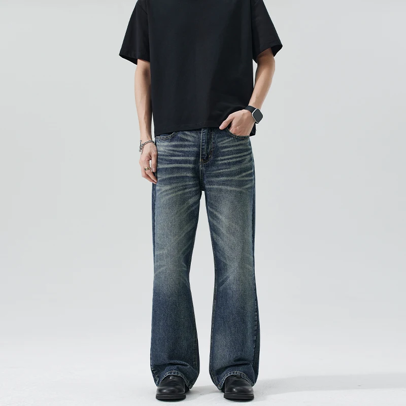 

Men's Vintage Blue Jeans American Style Washed Handpainted Whiskered Flared Denim Long Pants Clean Fit Chic Trousers