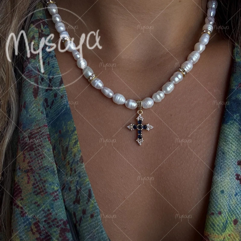 

MYSOYA 7-8mm White Rice Freshwater Pearl Cross Pendant Necklace for Wife/ Mom, Suitable for Wedding/ Mother's Day Gift A0582