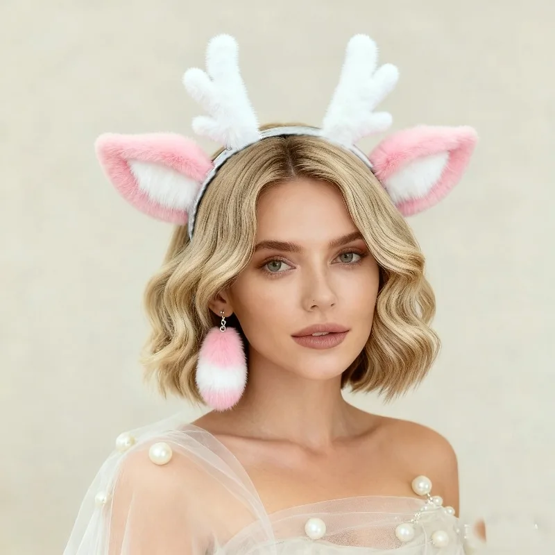 

Plush Reindeer Antler Headband - Fluffy Deer Ear Hair Hoop for Christmas Cosplay & Lolita Parties -Handmade Animal Ear Headpiece