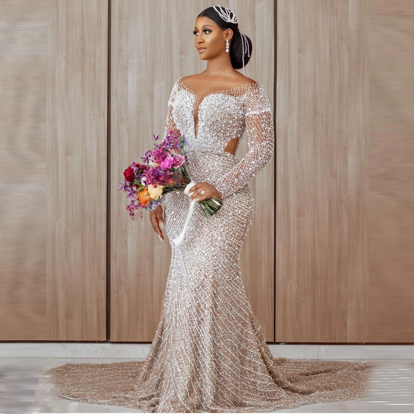 

Luxury Champagne Long Sleeve Wedding Dress Beaded Mermaid Evening Dress Aso ebi Prom Dress Plus Size Wedding Party Dress customi