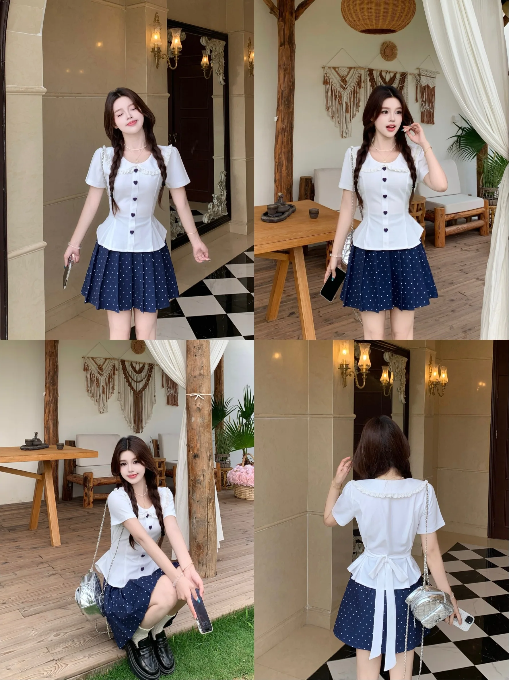 

plus Size Polka Dot Short Sleeve Set Doll Collar Splice Summer Fashion Women's Clothing Korean Style Commute Loose Fit Butter...